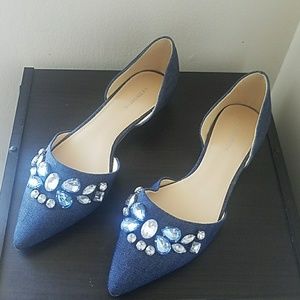 Denim Pointed Crystal Flats